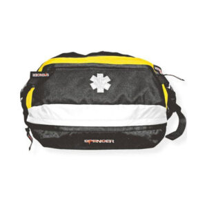 Bolso negro de primeros auxilios con detalles amarillo y blanco, símbolo médico y "Spencer".