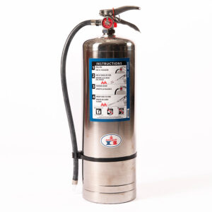 Extintor de incendios de acero inoxidable con instrucciones en inglés y español.