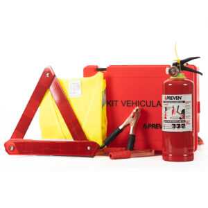 Kit de seguridad vehicular con triángulo, chaleco, cables, extintor y estuche rojo "Preven".