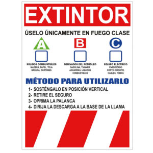 Instrucciones para usar un extintor en fuegos clase A, B, C con pasos detallados.